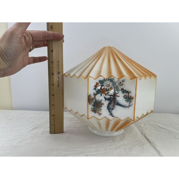 Vtg 30s Accordion Octagonal Frosted Orange‎ Birds Paradise Glass Swag Lamp Shade - Picture 14 of 16
